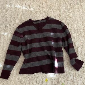 Striped V-Neck Sweater - Burgundy and Gray